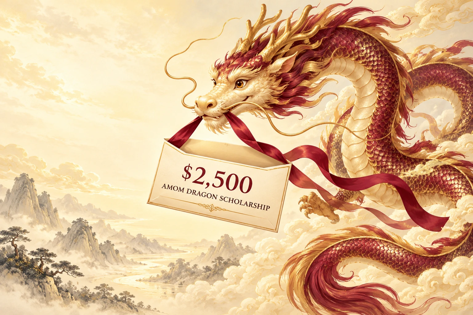 Golden and burgundy dragon delivering an envelope marked $2,500 AMOM Dragon Scholarship