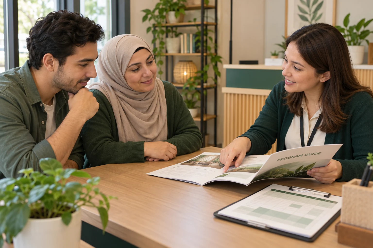 Illustrative admissions adviser discussing a program guide with prospective adult students