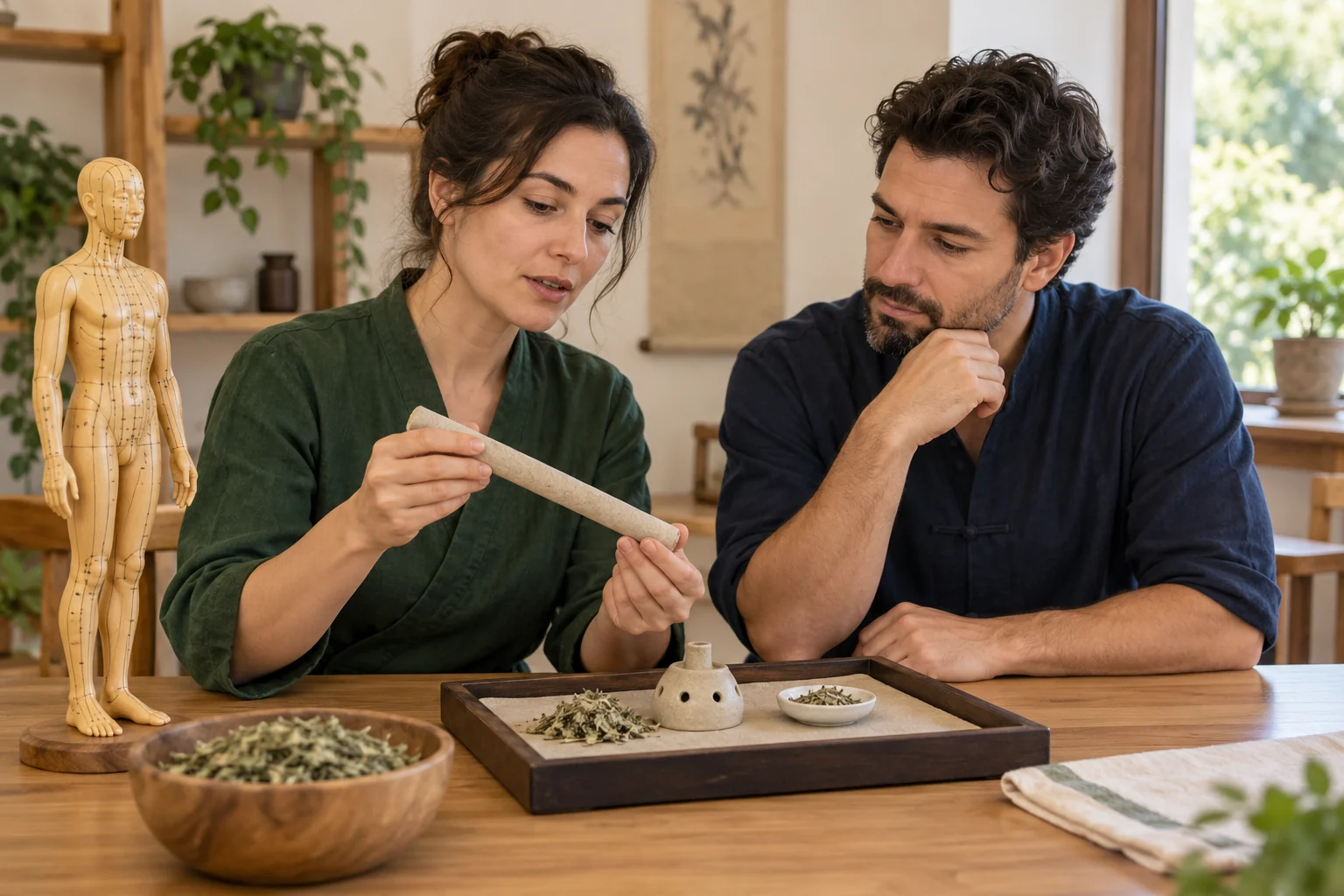 Illustrative study of an unlit moxa stick, mugwort and teaching materials