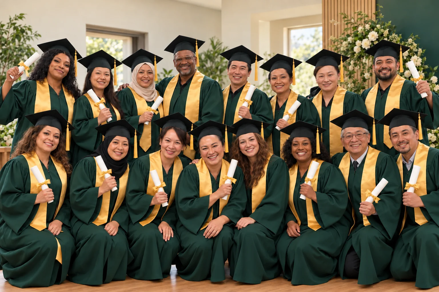 Illustrative adult graduates of different ages celebrating in gowns and mortarboards