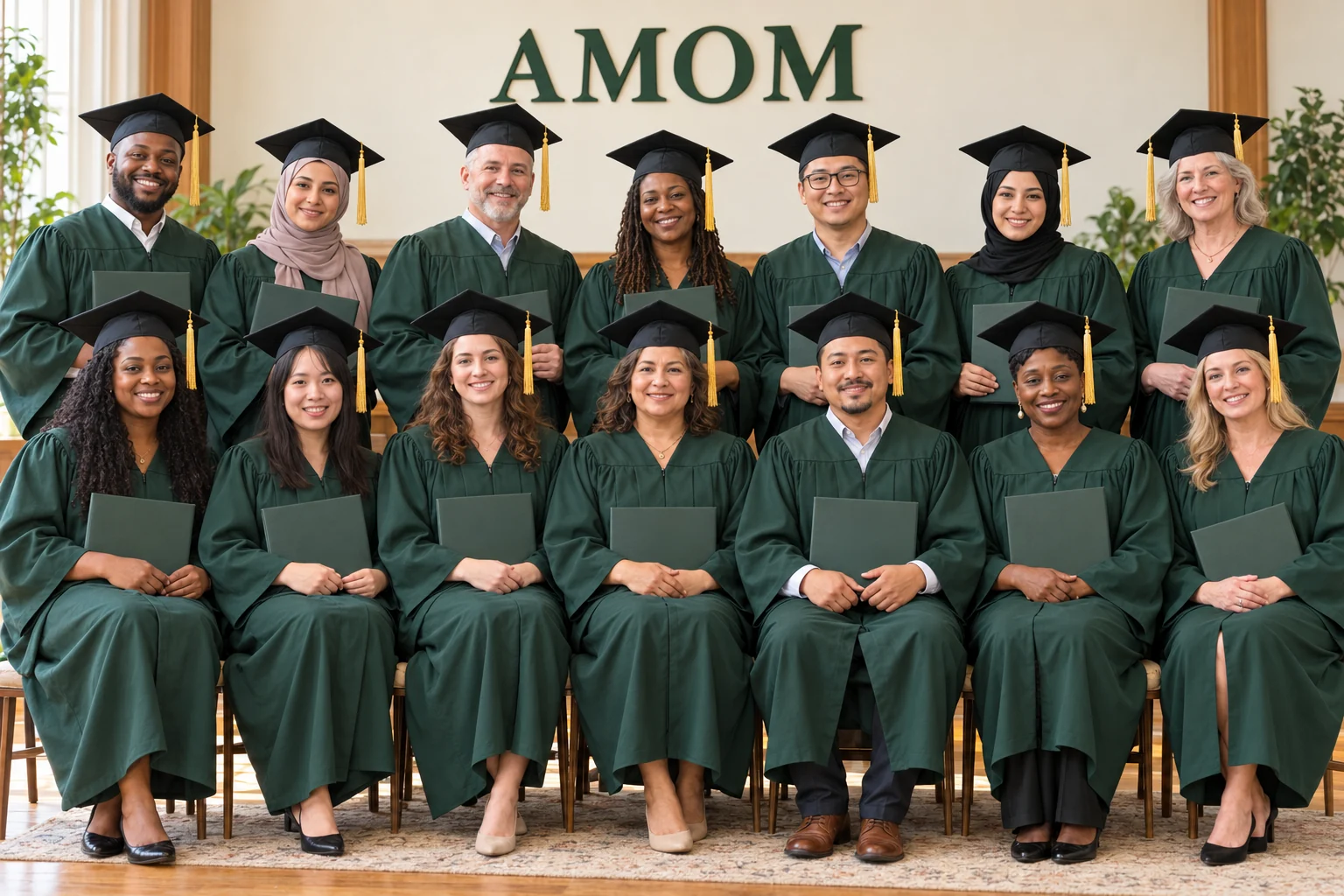 Illustrative diverse adult graduation group, all wearing gowns and mortarboards
