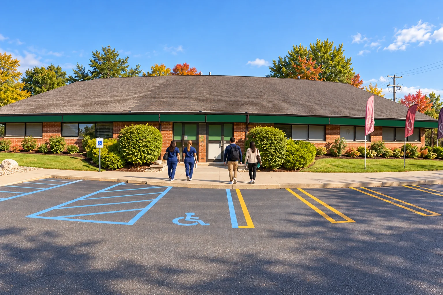 Retouched AMOM Southfield exterior with illustrative visitors